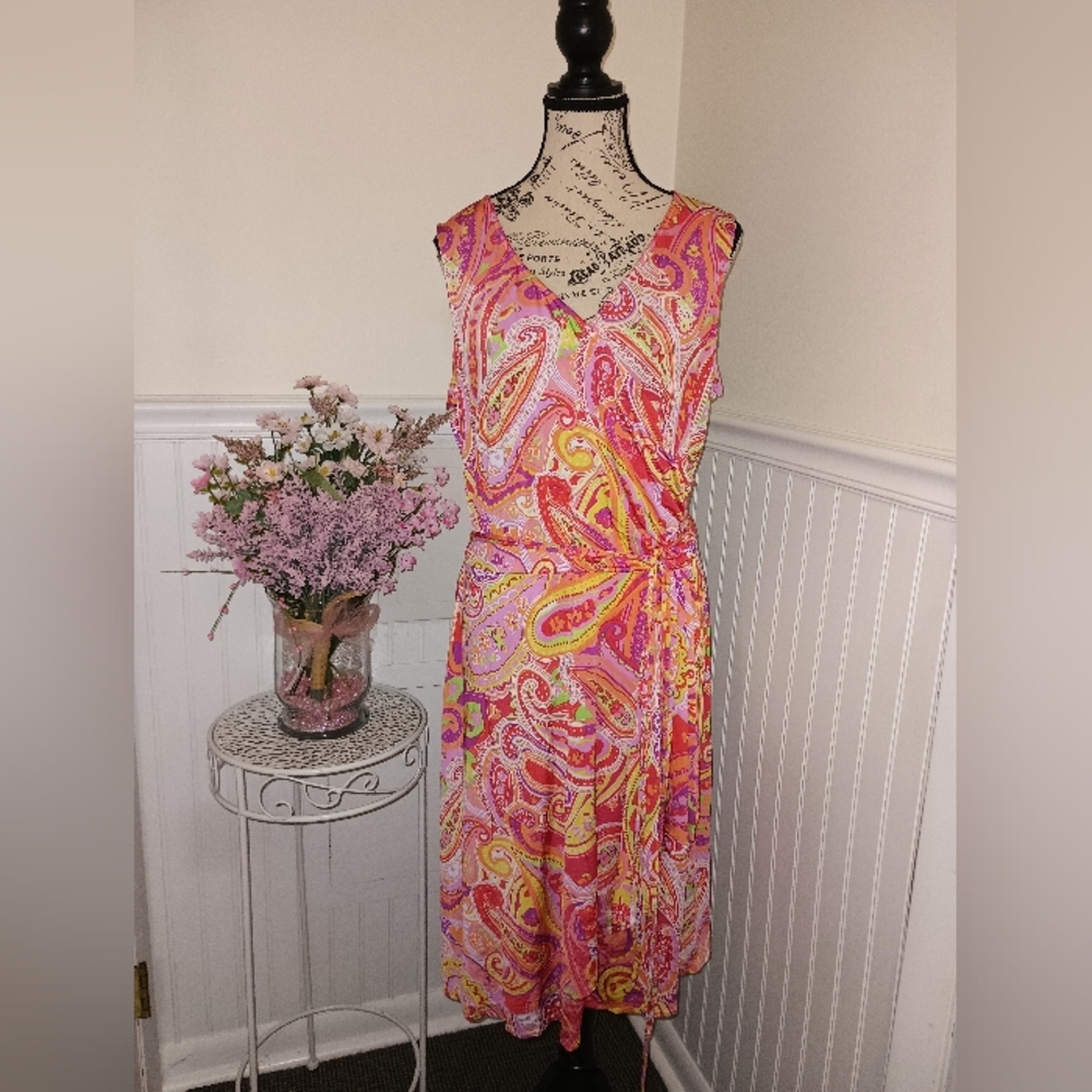 Women's Chaps Paisley Faux Wrap Dress With Cinched Waist and Belt Size XL